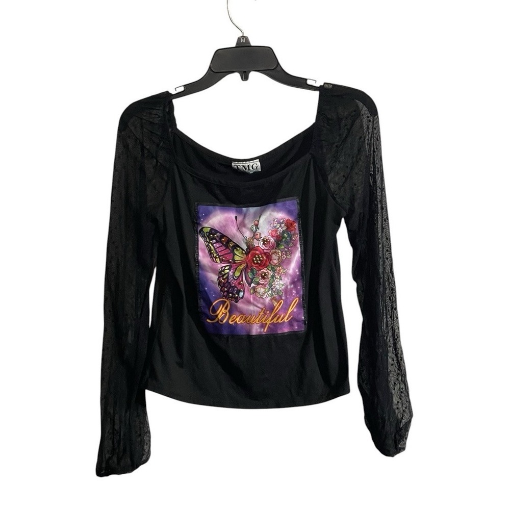 Vtg Y2K Top Med Sheer Mesh Sleeve Butterfly Graphic Fairy Whimsigoth Retro
